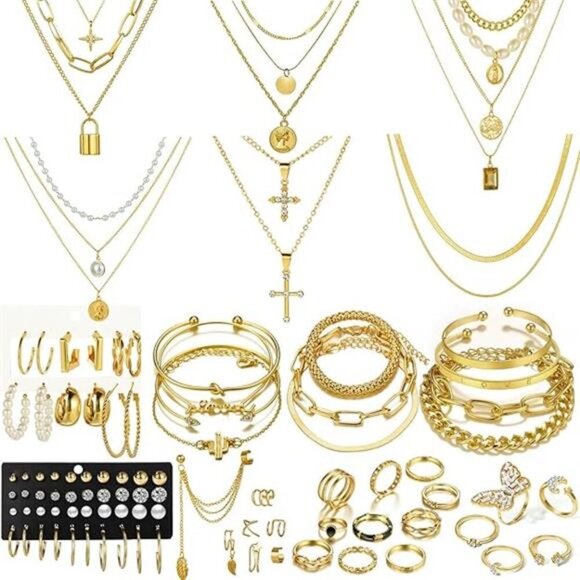 73 Pcs Gold Jewelry Set with 6Pcs Layered Necklace, 11 Pcs anklet and 7Pcs - Picture 8 of 8